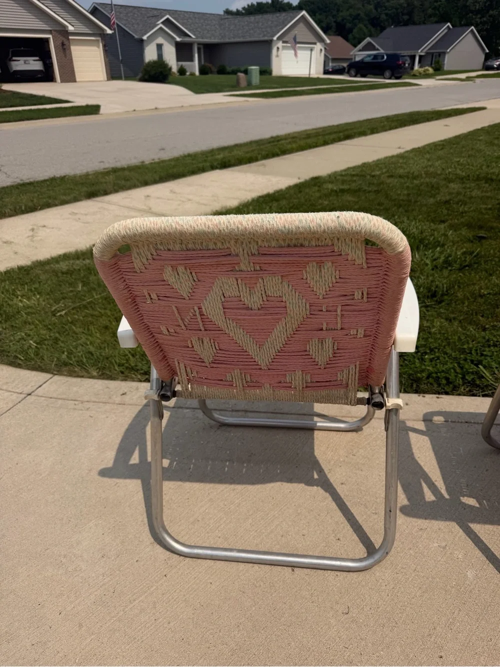 Vintage 1960s 70s Woven Aluminum Folding Lawn Chairs Pink Heart Pair  of Macrame